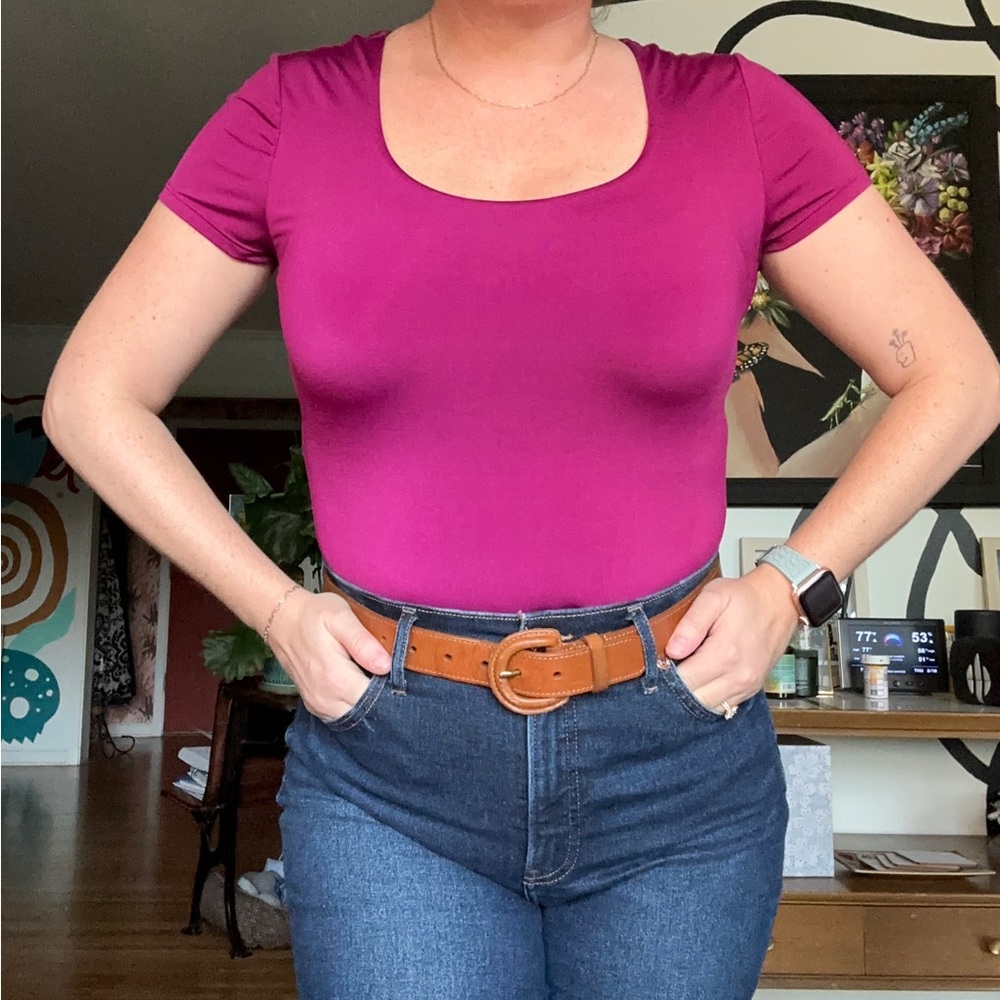 Express Body Contour Pink Scoop Neck Bodysuit, Size S